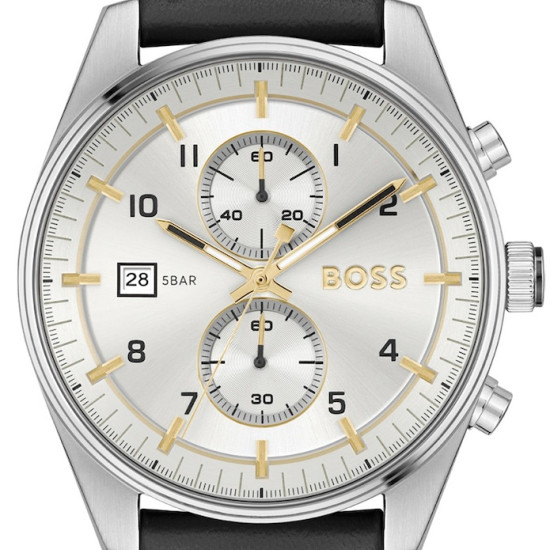 Hugo Boss Ρολόι Μπαταρίας με Μαύρο Δερμάτινο Λουράκι